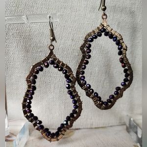 Purple Amethyst Aurora Borealis Bohemian Pierced Brass Tone Long Beaded Earrings